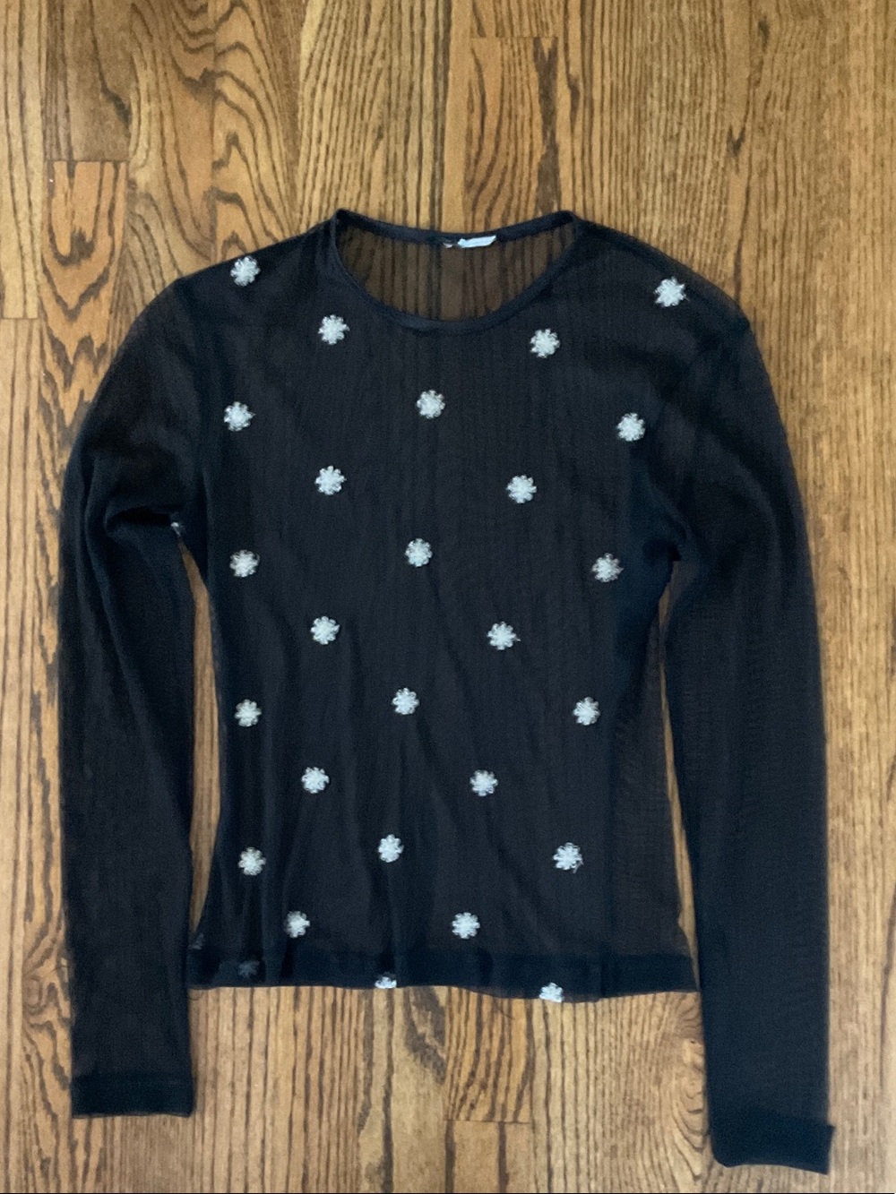 Black Sheer Long Sleeve Top with Silver Floral Appliqués